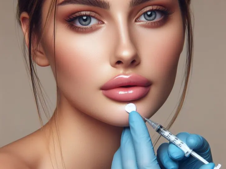 a young woman getting lip filler and has numbing cream on